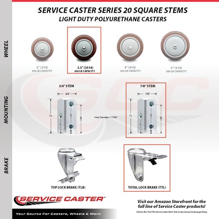 Service Caster 3.5 Inch Maroon Poly Swivel 7/8 Inch Square Stem Caster Total Lock Brakes, 2PK SCC-SQTTL20S3514-PPUB-MRN-78-2-S-2